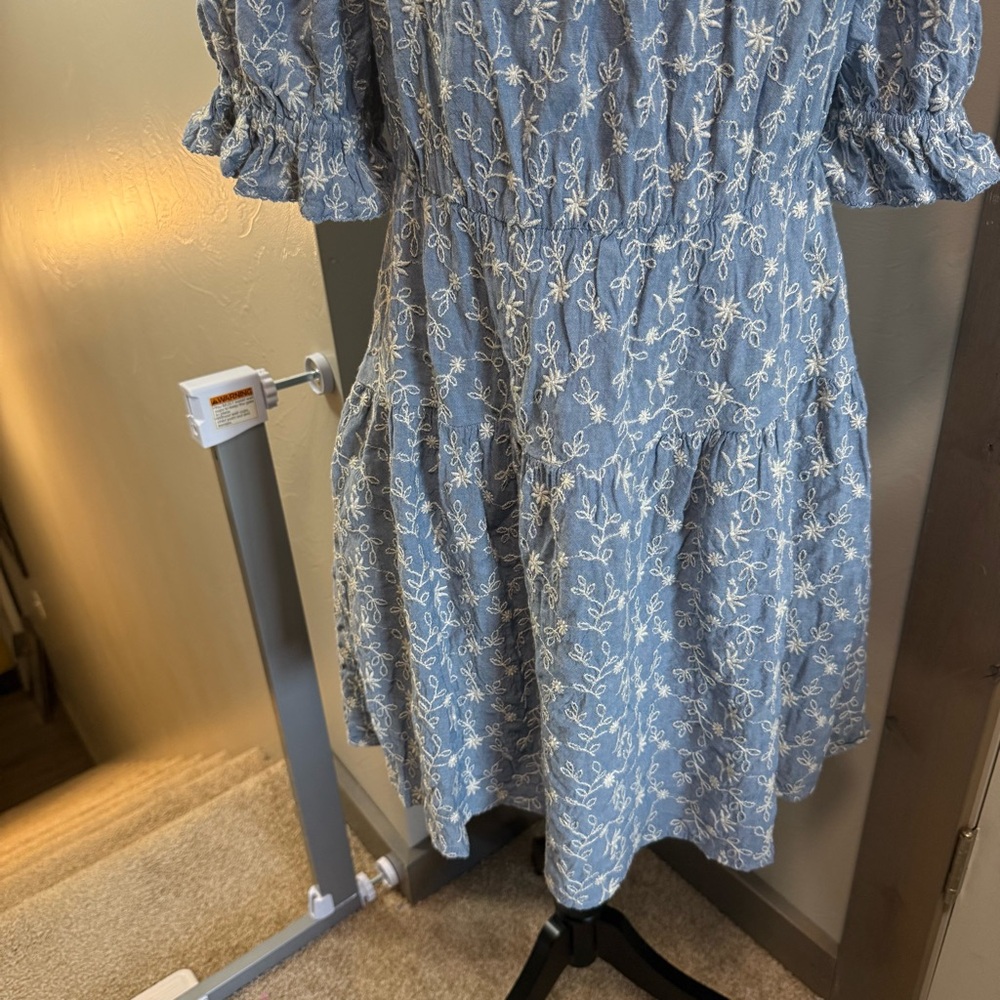 Old Navy Scoop Neck Short Sleeve Ruffle Blue White Embroidered Floral Dress M‎ - Picture 3 of 10